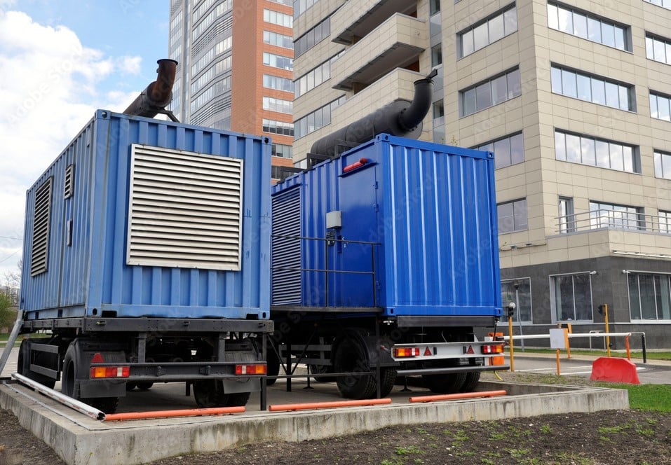 Two blue commercial generators housed in shipping containers