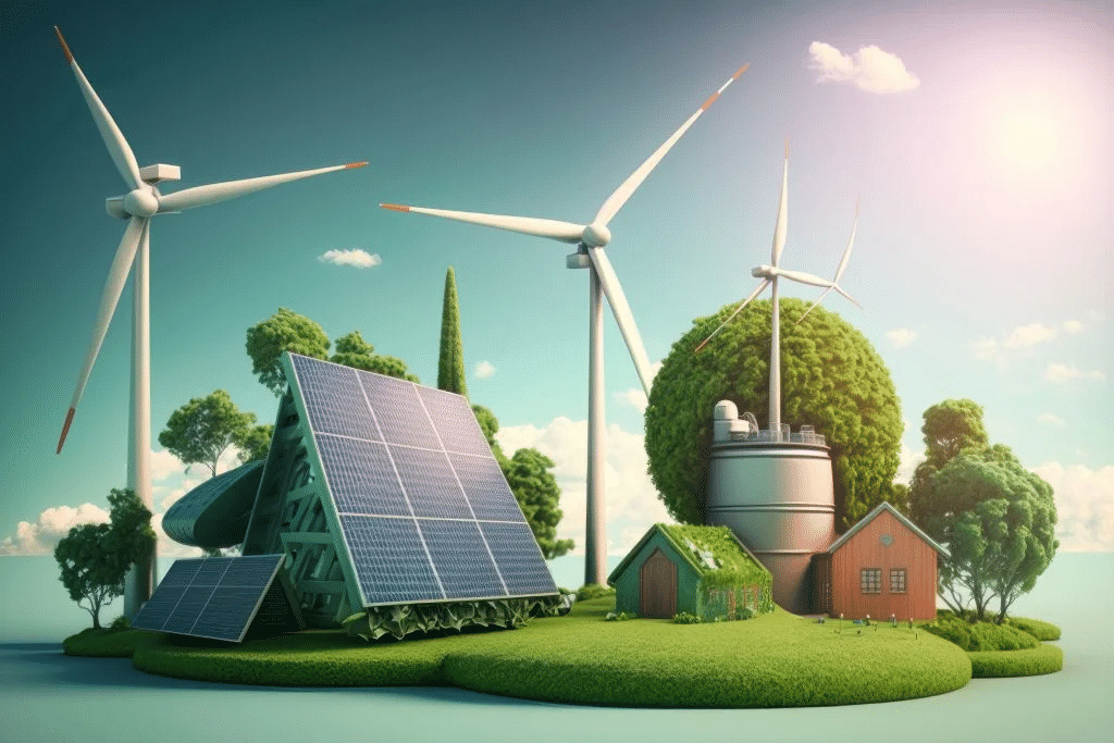 Sustainable energy solutions -  solar panels and wind turbines powering a green future.