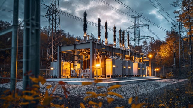 Industrial power supply substation at dusk