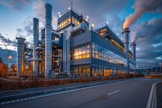 A large industrial power plant at dusk, with smoke rising from its chimneys