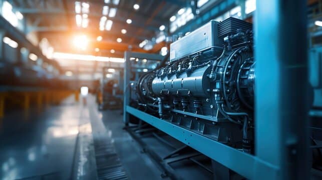 A large, blue industrial diesel generator in a brightly lit factory setting