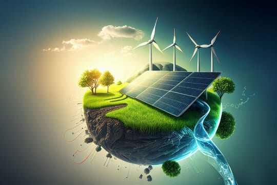 Sustainable power energy solutions - a blend of solar panels, wind turbines, and a green planet