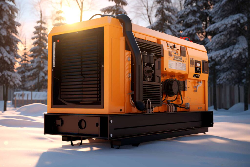 Industrial power generator in outside on a  winter day